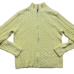 LL Bean Zip Up Cardigan Women’s Medium Butter Yellow Cable Knit Sweater Preppy